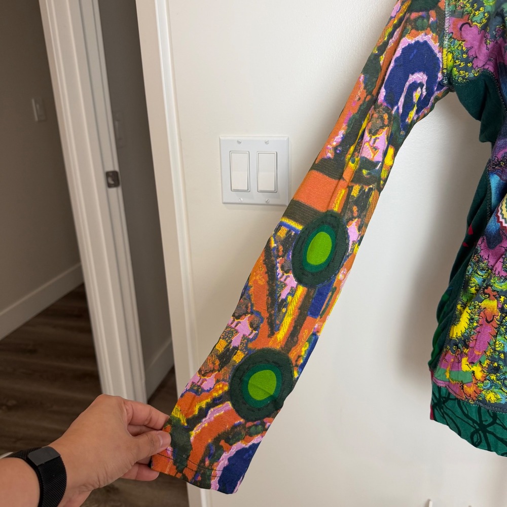 Desigual Patchwork Graphic Long Sleeve Top Green Multi Womens Medium Boho Shirt - Picture 6 of 13